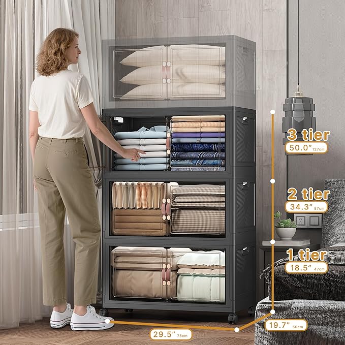 UAMFURI Extra Large Stackable Storage Bins with Lids & Wheels, 504QT-168QT/42GAL*3Pack Foldable Collapsible Closet Organizers Storage Cabinet with Doors for Bedroom Dorm