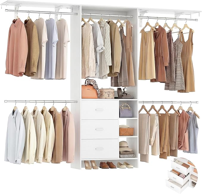 Aheaplus Closet System, Closet Organizer with 3 Wooden Drawers, 8FT Closet Organizer System, 96’’ Walk-in Closet Wardrobe Clothes Rack with Hanging Rods, Garment Rack, Fits 5.3-9 ft, -W3,White