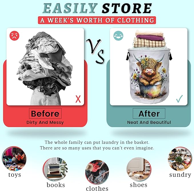 Cute Highland Cow Laundry Basket Foldable With Handles Funny Tote Bag Oxford Cloth Laundry Hamper Clothes Storage Bucket Toy Organizer 18.9" x 16.5" For Bathroom/Laundry/Bedroom
