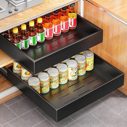 Pull out Cabinet Organizer, 21"Deep, 20"Wide Full-Extension Heavy Duty Slide out Drawers with Nano Adhesive, Roll Out Shelves Sliding Cabinet for Kitchen, Bathroom, Pantry, Under Sink Storage(Black)