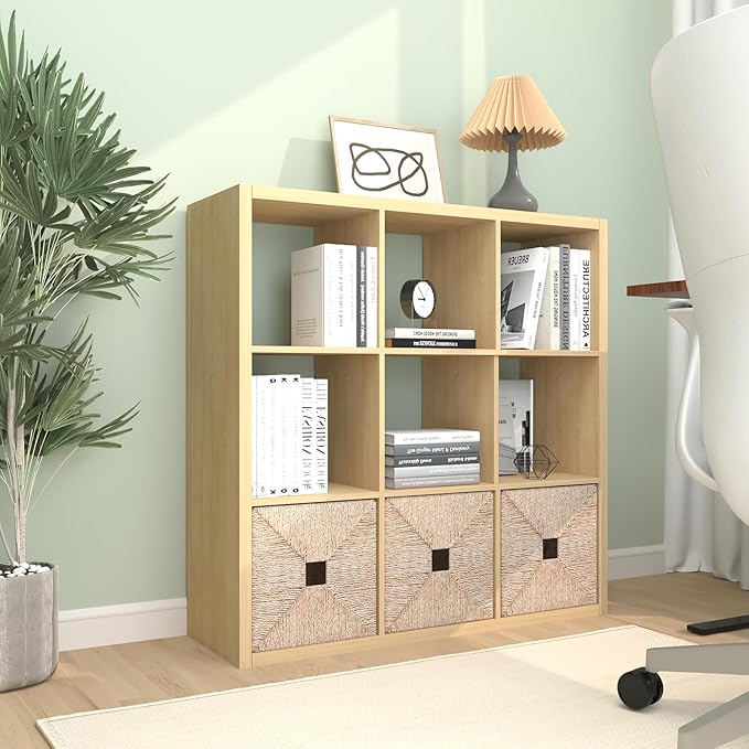 CTESNE【2026 Wooden Thick Frame 9 Cube Storage Organizer Shelf with Anti-Tipping Kits + Reversible Open Back Bookcase, Horizontal and Vertical Dual-use（Oak Color,11inch）