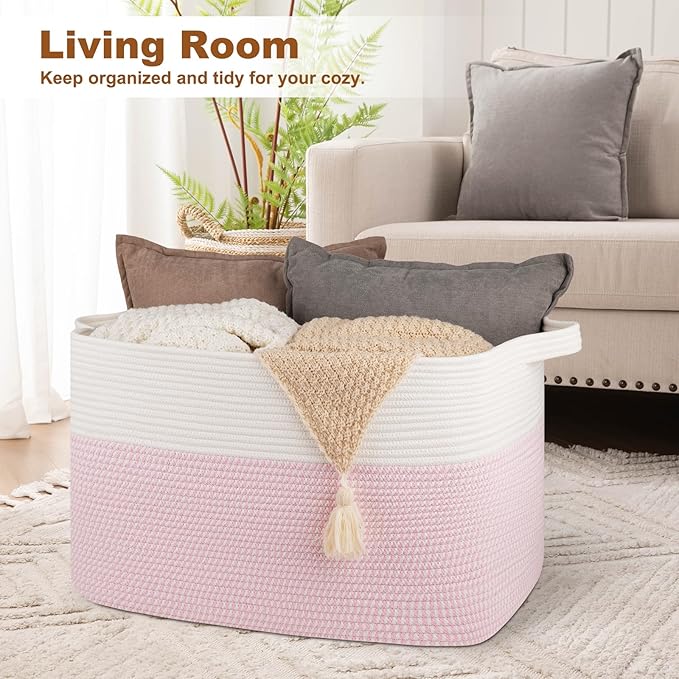 OIASKET XXXL Large Blanket Basket, 108L Cotton Rope Storage Basket for Living Room, Supre Large Toy Baskets for Kids, Woven Basket for Clothes, Towels, Pillows, 25" x 16" x 16", Pink and White