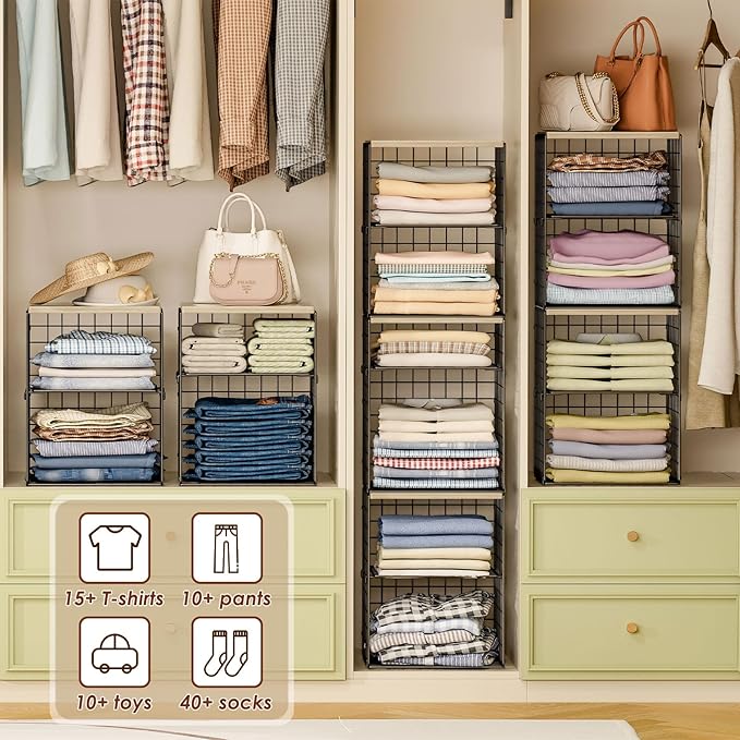 6-Tier Stackable Closet Organizers and Storage Basket, Set of 3 Closet Shelf Organizer with Adjustable Divider & Wood Top Board, Clothes Storage Bins for Wardrobe Organizer System, Space-Saving, Black