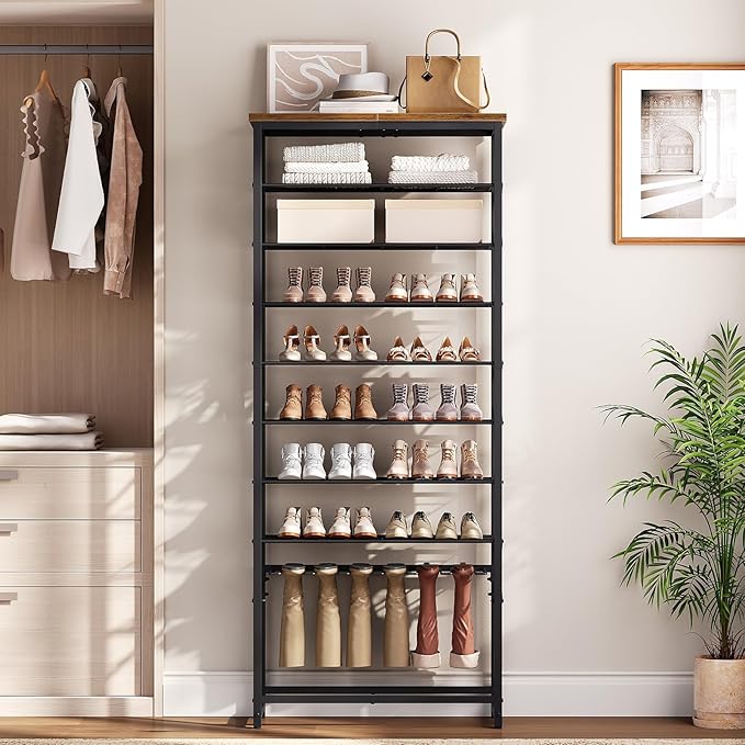 YATINEY Tall Shoe Rack for Entryway, Metal Shoe Storage Organizer with Boot Rack, 10 Tier Sturdy Shoe Rack for Closet, Space Saving Wooden Shoe Shelf, Black and Rustic Brown SS19BR