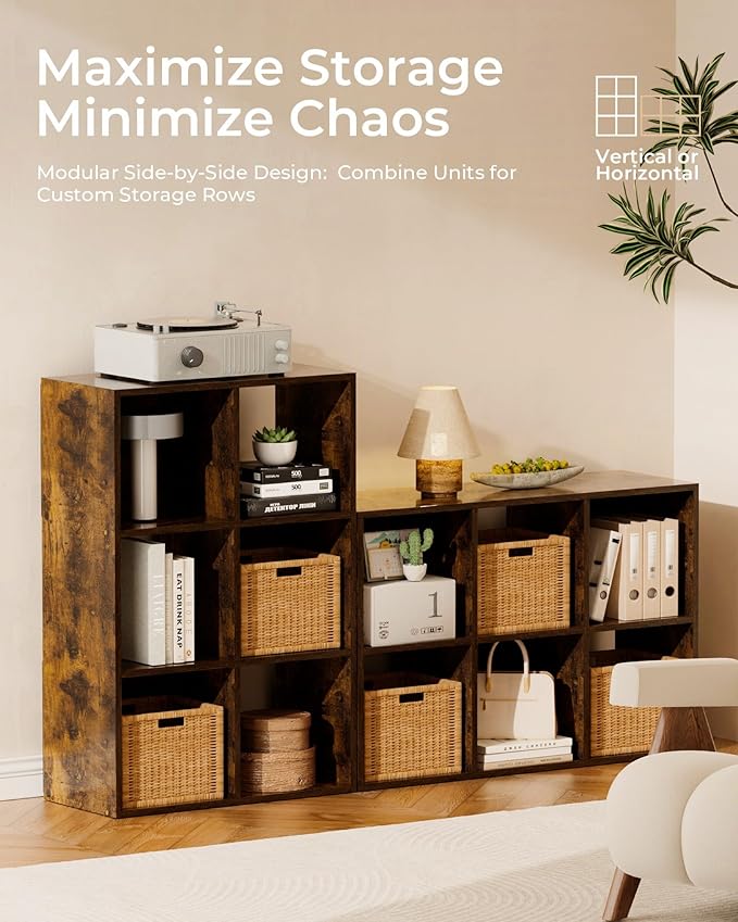 GTPLAYER 6-Cube Storage Organizer, Fits 11" Bins, Vertical or Horizontal Use, Opening Bookshelf, Partial Back Panels, Stackable Design Bookcase, for Closet, Bedroom, Home Office, Rustic Brown