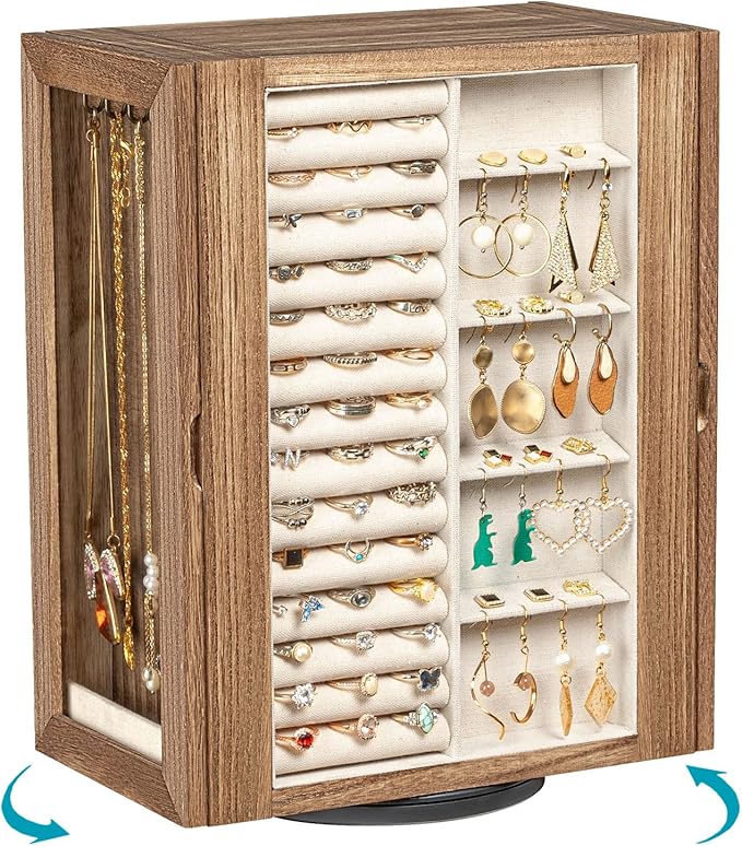 Emfogo 360° Rotating Jewelry Box for Women, Rustic Wooden Jewelry Organizer Box with 5 Drawers, Glass Doors, Vertical Open Design Jewelry Storage Case Display for Earrings Rings Necklaces Bracelets