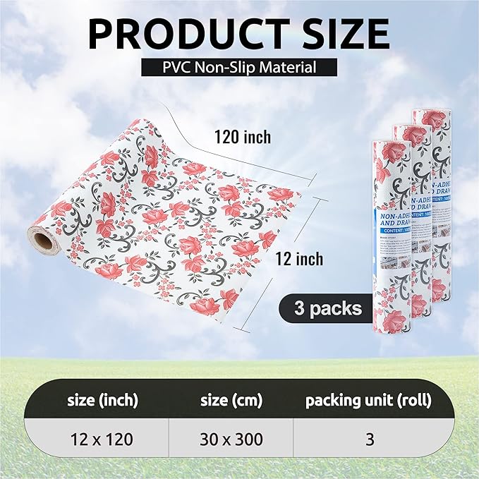 FIFTY FEET 12X120 Inch Shelf Liner for Kitchen Cabinets, PVC Drawer Liner for Dresser Non-Slip Bathroom, Non-Adhesive Cabinet Liner Washable (Red Floral)(3 Roll)