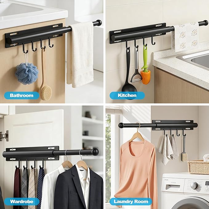 2 Pack Valet Rod for Closet Retractable with 4 Hooks, 13.4"-23.2" Pull Out Clothes Rail, Heavy Duty Alloy Steel Side Mount Wardrobe Bar, Adjustable Organizer for Laundry, Bathroom, Entrance (Black)