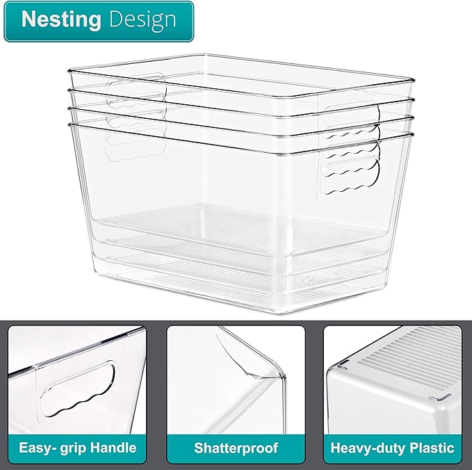 Sorbus Clear Storage Bins, 8 Pack Large Organization Bins with Handles – Clear Storage Containers for Storage, Pantry, Fridge, Cabinet, Closet & Kitchen Organization – BPA-Free Plastic