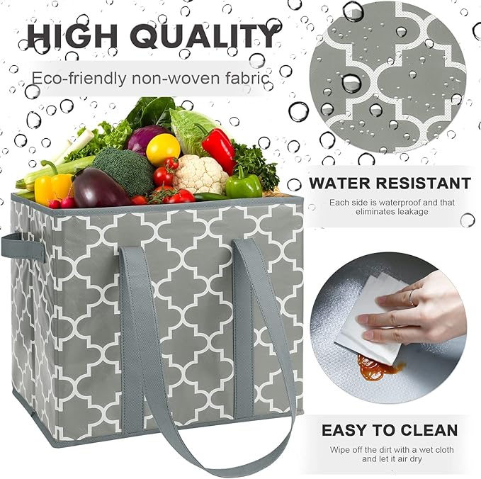 WISELIFE Reusable Grocery Bags 4-Pack Foldable Washable Storage Bins Basket Water Resistant Shopping Utility Tote Bag Grey
