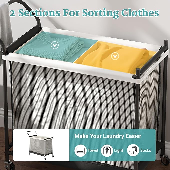 Laundry Hamper with Wheels - 2 Section Laundry Basket 160L, Removable Washable Bags, Height-Fitted Rolling Laundry Cart for Laundry Room & Bedroom