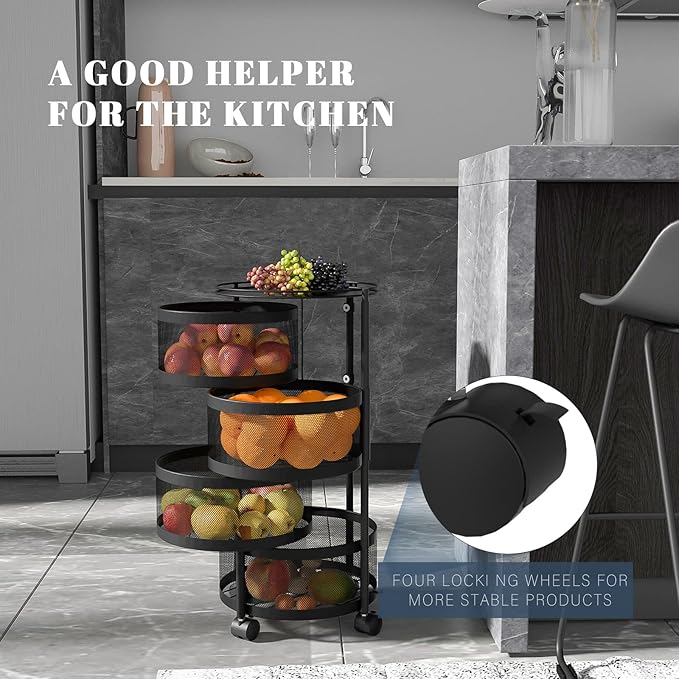 HOYRR Rotating Storage Rack for Kitchen, 4 Tier Fruit and Vegetable Storage for Kitchen Rotating Storages Rack with Wheels, Cart Space Saver Potatoes Fruit Basket, Black