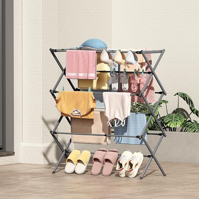 KINGBOARD Clothes Drying Rack, Collapsible Drying Rack Clothing with 11 Poles, 3-Tier Laundry Drying Rack, Small Clothes Drying Rack Foldable for Baby Clothes Sock Towel, 25lb Capacity, Grey