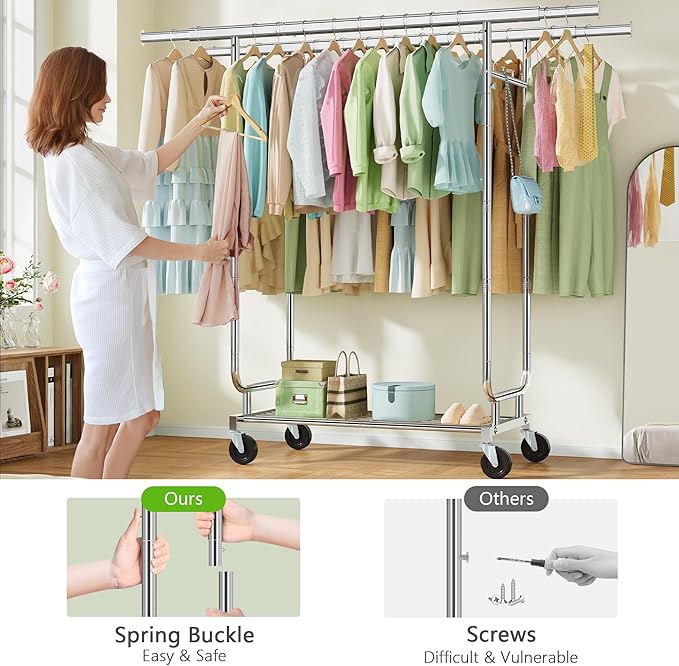 Heavy Duty Rolling Clothes Rack, 620 LBS Load Double Rod Adjustable Garment Rack with Storage Shelves & Lockable Wheels, Portable Clothing Rack for Hanging Clothes for Bedroom, Laundry Living Room
