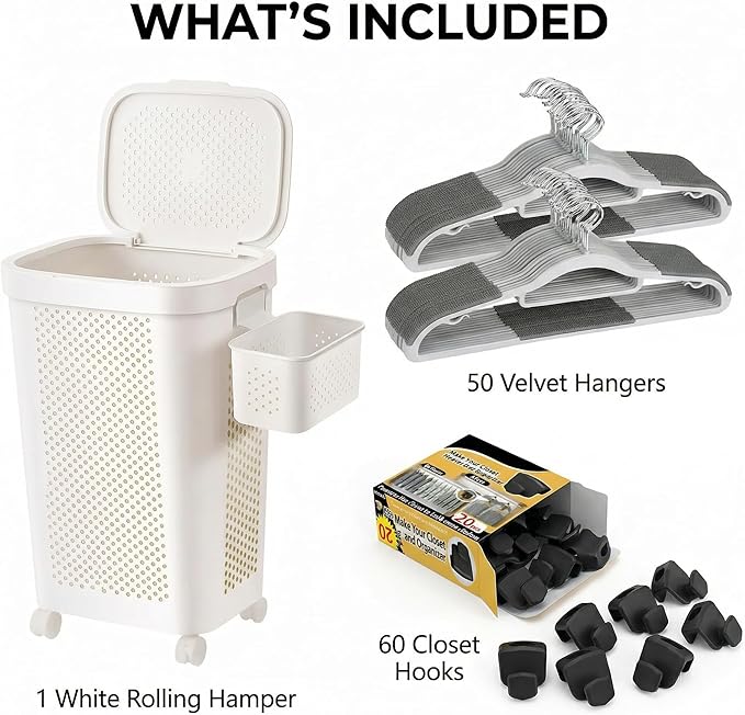 Rolling Laundry Hamper Bundle with 50 Clothes Hangers & 60 Closet Organizer Hooks - Wheeled Laundry Basket Set with Non-Slip Hangers and Space Saver Hooks for Bedroom Closet Organization（White）