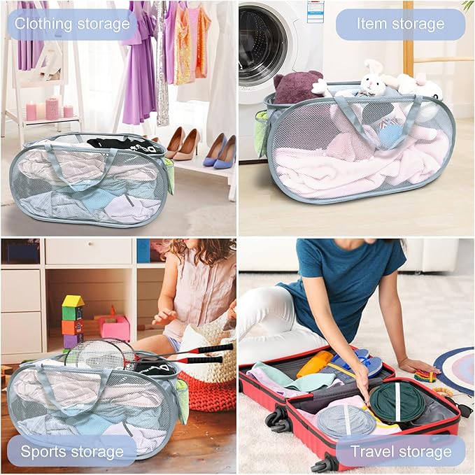 2PCS Mesh Laundry Hamper,Collapsible Laundry Baskets,75L Large Foldable Dirty Laundry Clothes Hamper Storage Basket Horizontal with Side Pocket&carry Handle for Home Travel grey Emerald