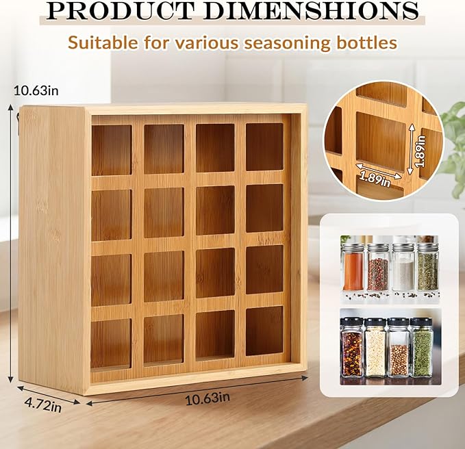 Novabright 16 Grids Bamboo Spice Rack Organizer, Wooden Spice Rack Wall Mount with Square Compartments, Wood Hanging Shelf for 4 oz Glass Jar Drawer Cabinet Kitchen Countertop Wall
