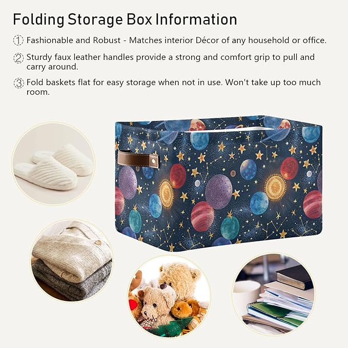 xigua Cartoon Planets Storage Basket Collapsible Storage Bins Waterproof Canvas Storage Basket with Leather Handles for Home Closets Offices,Bedrooms,Gift Baskets,1PCS