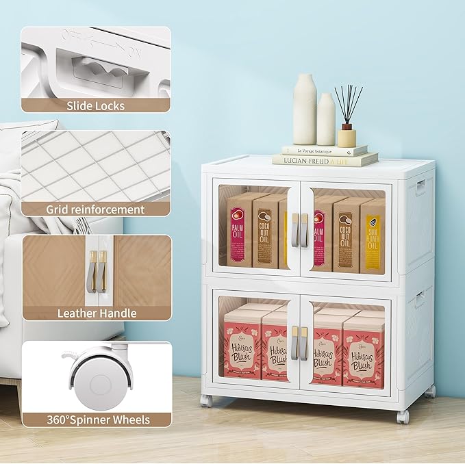 UAMFURI Stackable Storage Bins with Doors & Lids & Wheels, Foldable Collapsible Closet Organizers, Large Storage Cabinet for Bedroom Dorm (2, XL)
