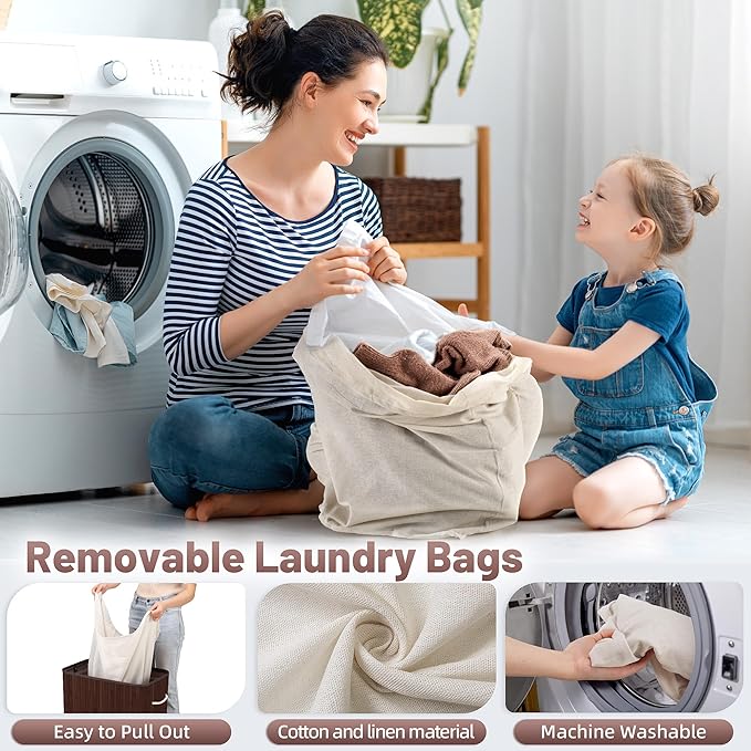 Aliphon 100L Laundry Hamper with lid, 2-Section Clothes Laundry Basket with Handles, Large Collapsible Bamboo Baskets for Bedroom, Bathroom, Dorm, Brown