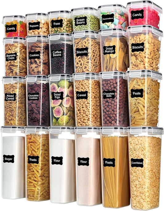 Airtight Food Storage Containers with Lids, Vtopmart 24 pcs Plastic Kitchen and Pantry Organization Canisters for Cereal, Dry Food, Flour and Sugar, BPA Free, Includes 24 Labels，Black