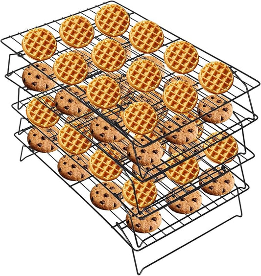 PowerKing 4-Tier Cooling Rack for Baking - 15.75" x 9.84" Stackable Stainless Steel Wire Rack, Non-Stick, Collapsible, Space-Saving Design for Cookies, Cakes, and More, Gifts for Baking Enthusiasts