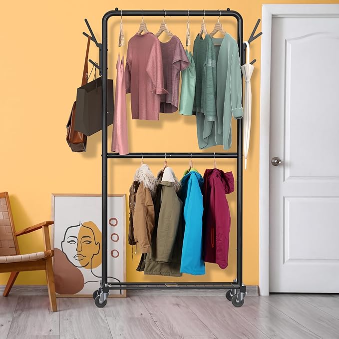 Simple Houseware Double Rod Garment Rack with Wheels and Hooks, Black