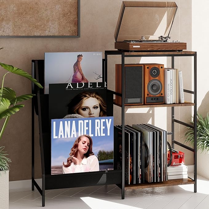 Record Player Stand With Vinyl Storage, 3-Tier Turntable Record Stand Holder, Vinyl Records Storage Shelf Holds Up to 300 Albums, Modern Vintage Black Record Player Table for Living Room