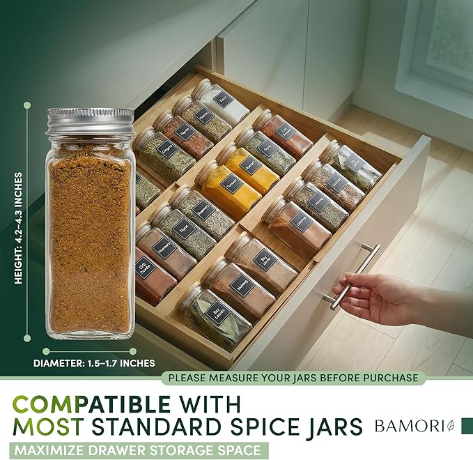 Expandable Bamboo Spice Drawer Organizer – Adjustable Tiered Spice Rack Insert for Kitchen Drawer – Premium Bamboo Seasoning Organizer for Drawer Storage (Need 3" Deep Drawer)