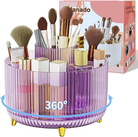 Clear Rotating Makeup Organizer Countertop for Vanity, 360° Makeup Brush Holder Organizer with 5 Compartments, Transparent Cosmetic Storage for Lipstick, Skincare, Bathroom Counter(Transparent Purple)