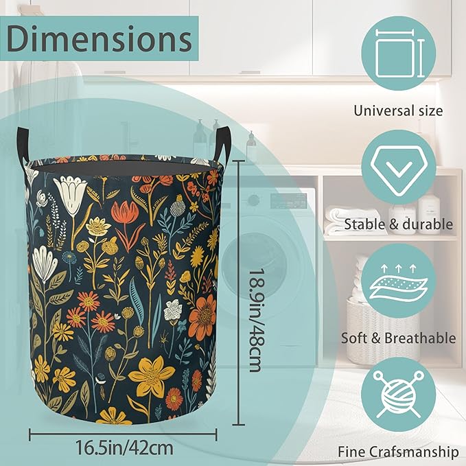 Wildflowers Laundry Basket With Handles Tote Bag Oxford Cloth Funny Laundry Hamper Clothes Storage Bucket Toy Organizer 16" X 20.8"For Bathroom/Laundry/Bedroom