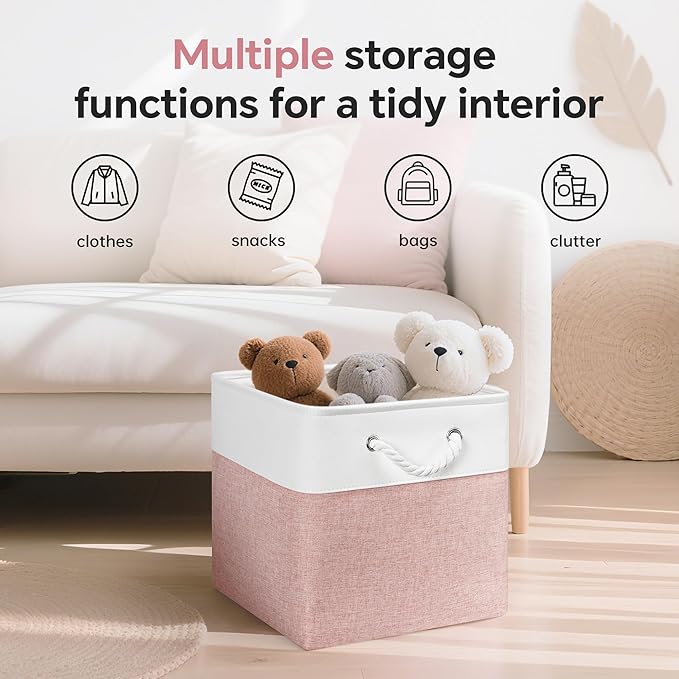 ECDYQXVU 13x13 Inch Cube Storage Bins with Reinforced Bottom Cardboard, 6 Pack Large Foldable Fabric Storage Cubes with Handles for Shelf, Closet, Laundry Organization (White&Pink)