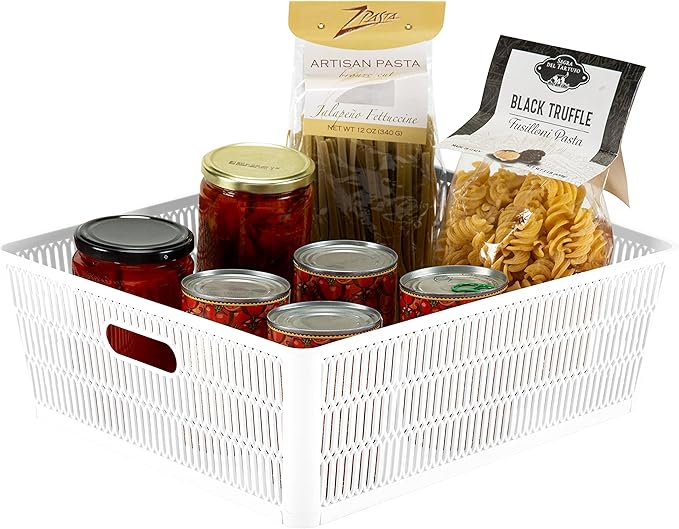 Simplify 2Pk Shallow Slide 2 Stack It Tote Basket | Storage & Organization | Open Bins with Stackable Capability | Bathroom | Crafts | Pantry | Playroom | Office | White