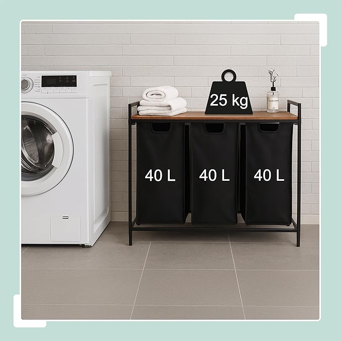 Relaxdays sorter with 3 Removable Laundry Bags, with Shelf, HWD 72x92.5x33 cm, Metal Basket, Brown/Black, Iron, Fibreboard, Polyester, 72 x 92.5 x 33 cm
