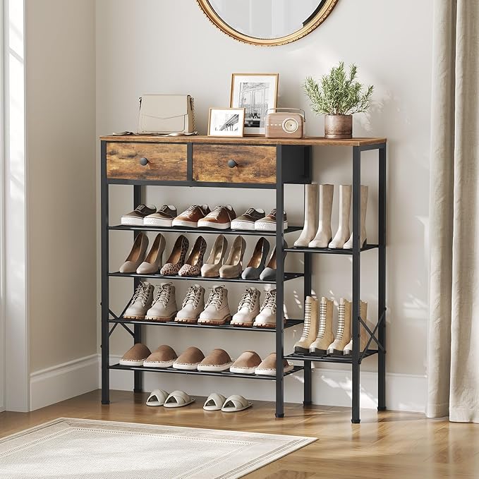 YATINEY 6-Tier Shoe Rack for Entryway, Freestanding Shoe Shelf with 2 Drawers and Tabletop, Metal Shoe Organizer for Closet, Entryway Shoe Storage Holds 26 Pairs, Rustic Brown and Black SS13BR