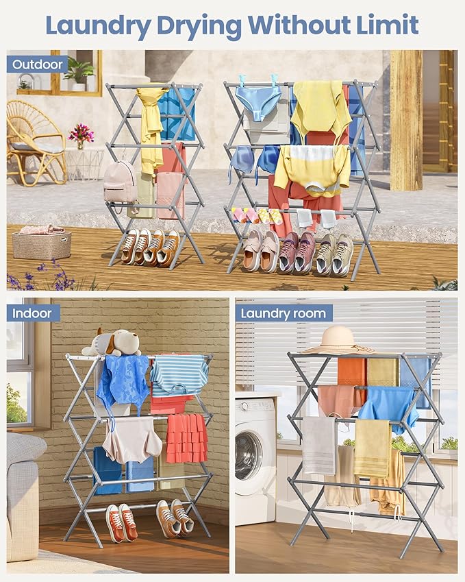 APEXCHASER Clothes Drying Rack, 3-Tier Laundry Drying Rack for Clothes, Expandable Metal Clothing Dryer, Collapsible Towel Rack, Air Drying Rack, Grey