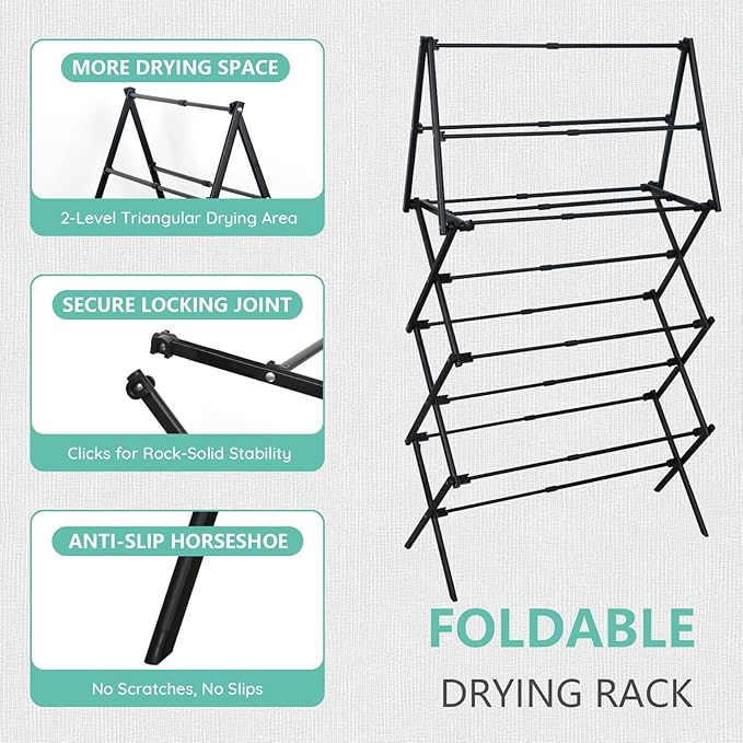 ZOES HOMEWARE 4 Tier Clothes Drying Rack Foldable | Foldable Clothing Drying Rack | Laundry Drying Rack Collapsible for Laundry Room, Dorm, Expandable Sturdy Metal Design | Black 29"L x 11.5"W x 53"H