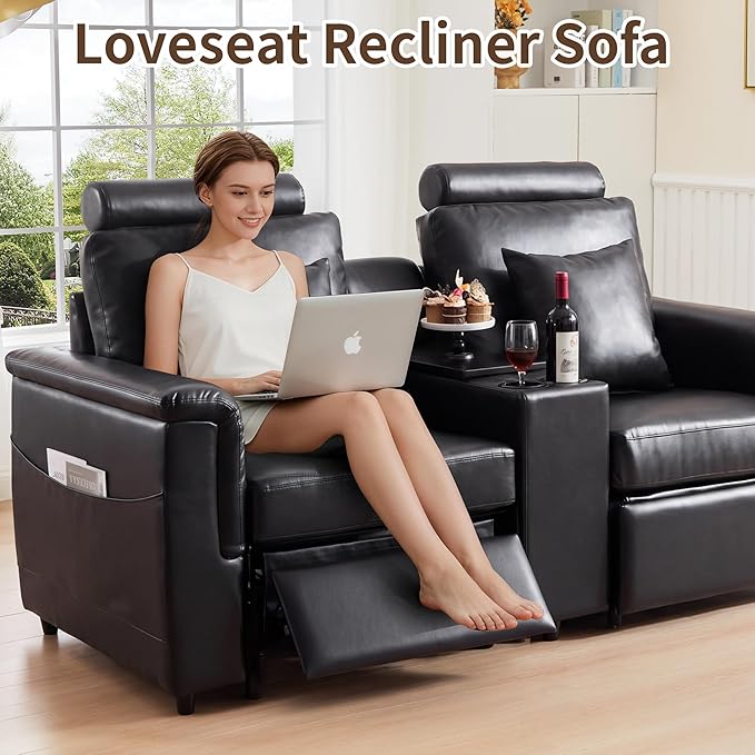 LEVNARY Modular Lift-Top Console with USB Charging and Cup Holders, Center Storage Module for Modular Reclining Sofa (Black)