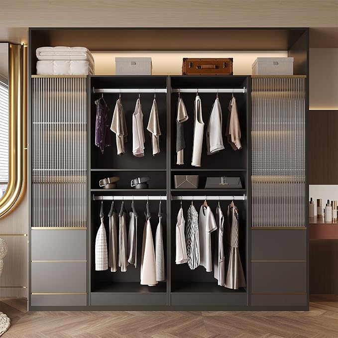 VOWNER 50'' Freestanding Closet System with Shelves, Wood Closet Organizer System with Hanging Rods, Walk-in Closet Tower, Clothes Garment Rack, Wardrobe Closet for Bedroom Entryway