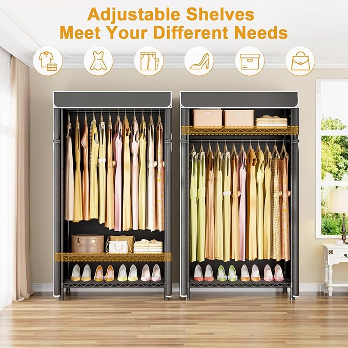 ULIFHOME H5C Clothes Rack with Cover, Portable Closet for Hanging Clothes, Covered Clothing Racks Heavy Duty, Freestanding Garment Racks with Shelves Max Load 360LBS Black Closet Rack with Black Cover