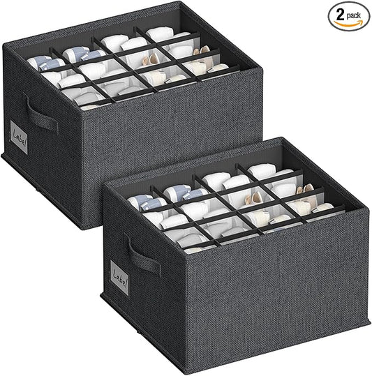 2 Pack Shoe Organizer for Closet, Fits 16-32 Pairs Fabric Shoe Storage Bins Large Shoe Box Storage Containers with Bottom Support for Shoes Space Saving Shoes Holder (Black, 19.7*15.7*11.8in)