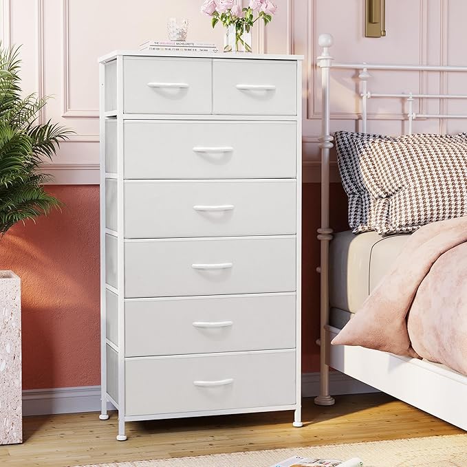 Crestlive Products Vertical Dresser Storage Tower - Sturdy Steel Frame, Wood Top, Easy Pull Fabric Bins, Handles - Organizer Unit for Bedroom, Hallway, Entryway, Closets - 7 Drawers (White)
