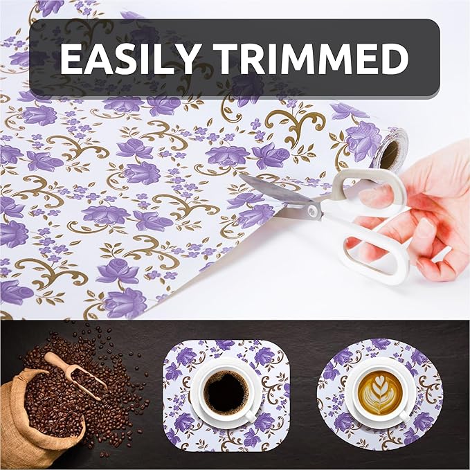 12X120 Inch Shelf Liner for Kitchen Cabinets, PVC Drawer Liner for Dresser Non-Slip Bathroom, Non-Adhesive Cabinet Liner Washable (Purple Floral)(1 Roll)