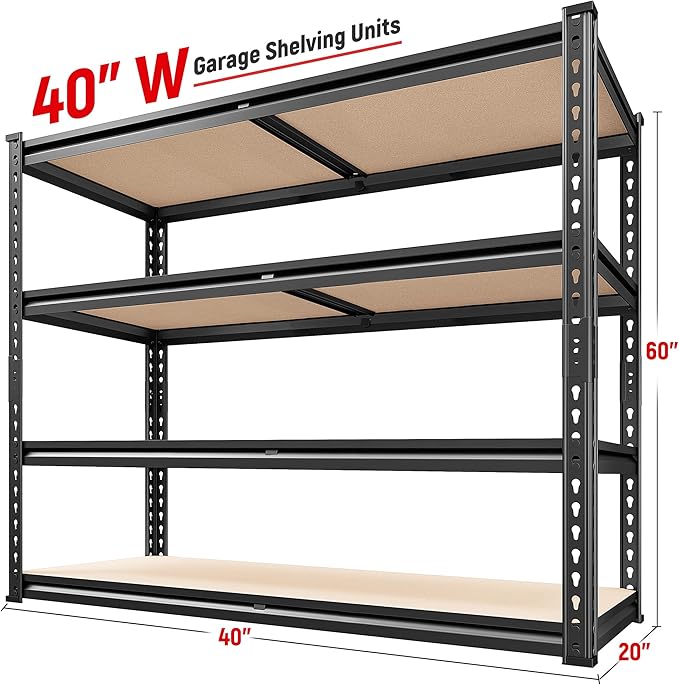 REIBII 40" W Storage Shelves 2000LBS Adjustable Garage Shelving Metal Heavy Duty 4 Tier Garage Shelves 60" H Metal Shelves for Closet Pantry Kitchen Warehouse 40" W × 20''D × 60''H