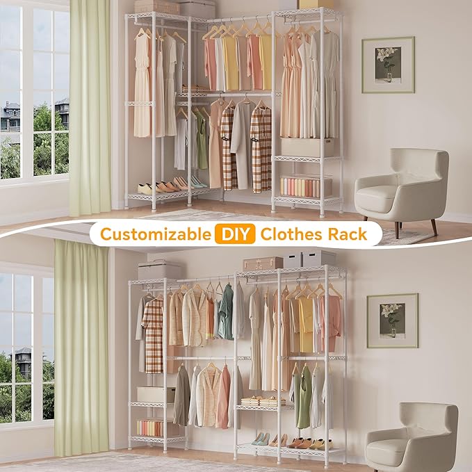 Higeego H7 Pro Heavy Duty Clothes Rack Large Garment Rack for Hanging Clothes, Freestanding Wardrobe Closet with Expandable Hanger Rods, Closet Organizer Storage, (79.1"-96.9") Lx15.7 Wx75.4 H, White
