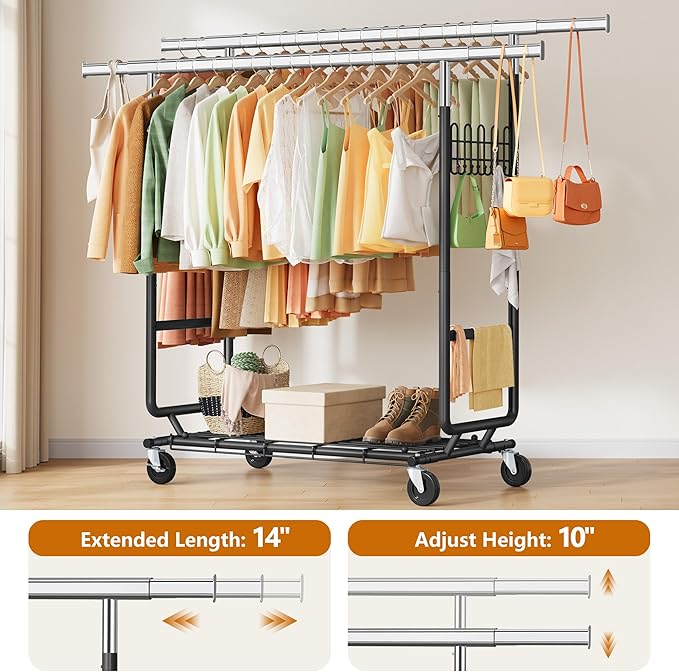 Gewudraw Heavy Duty Clothes Rack Load 900 Lbs, Commercial Double Rod Rolling Clothing Rack With Sturdy Wheel And Shelves，Adjustable Portable Hanging Rack For Clothes,Black