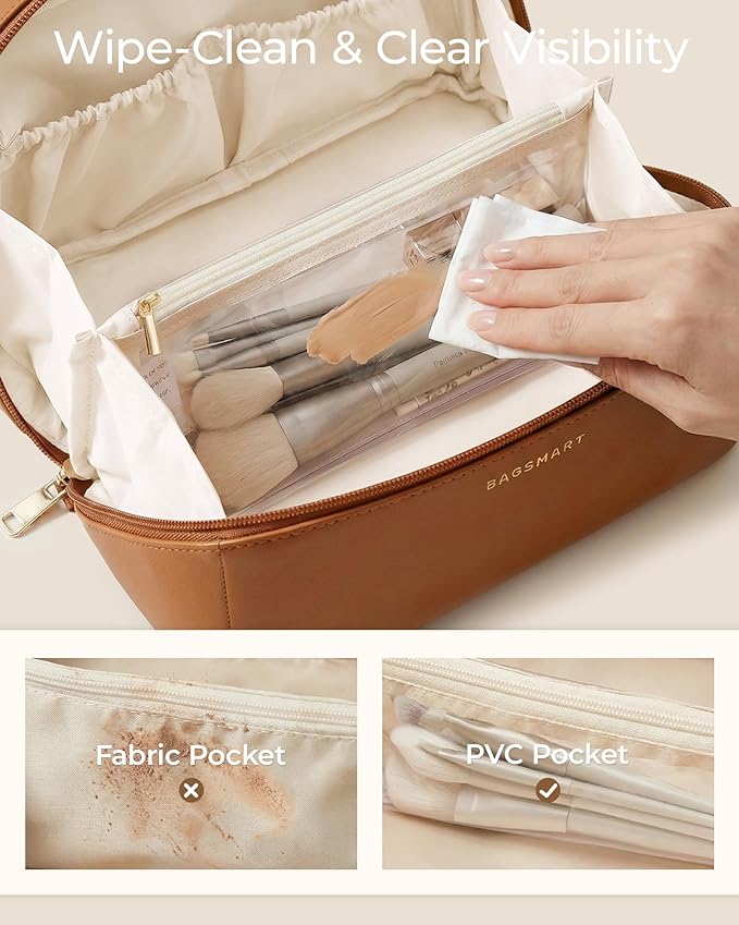 BAGSMART Makeup Bag Travel Cosmetic Bag, Large Make Up Bag Flat Open Toiletry Bag for Women, PU Leather Travel Essentials Organizer Case, Wide-open Pouch Purse for Skincare, Brushes, Dark Green