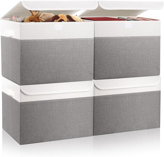 Bagnizer Large 22 Quart Linen Fabric Foldable Storage Bin Cube Organizer Basket with Flip-Top Lid & Handles, Clothes Blanket Box for Home, Office, Closet, Gray & White, 4 Pack 14.6 x 9.5 x 9.5”