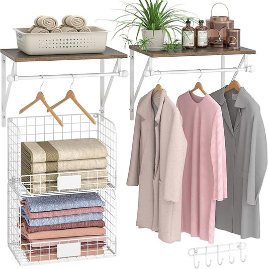 DAOUTIME 2 Set Laundry Room Wall Mounted Shelves With Wire Storage Baskets, Over Washer and Dryer With Hanging Rods and Hooks, for Organization and Storage, White, Wooden
