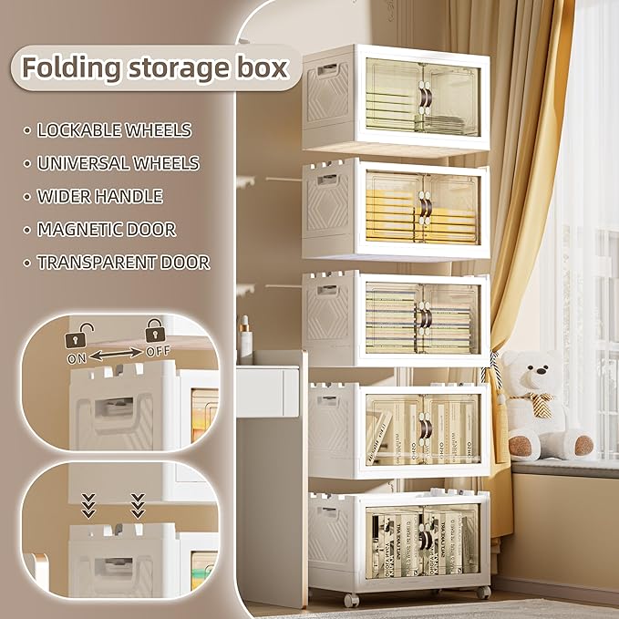 248 QT / 62 Gal Rolling Foldable Storage Cabinet with Stackable Feature - Double Magnetic Doors, Leather Handles, Durable Plastic for Closet/Office, Easy Assembly & Move